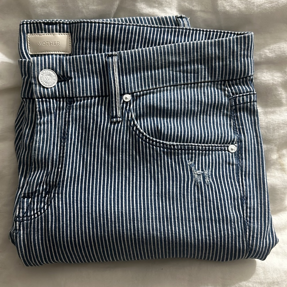 MOTHER jeans size 29, blue and white striped skinny jeans with zipper at ankle